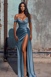 Dusty Blue Long Mermaid Off-the-Shoulder Satin Formal Prom Dress with Slit